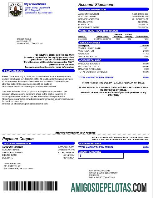 para download CIDADE DOS EUA DE WAXAHACHIE Business Utility Bill Word e modelo PDF
